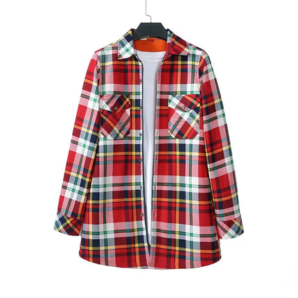 Thickened Fleece Women's Long Sleeve Shirt Warm Slim Fit Midi Length Plaid Korean Style Fashionable Women's Button-up Top