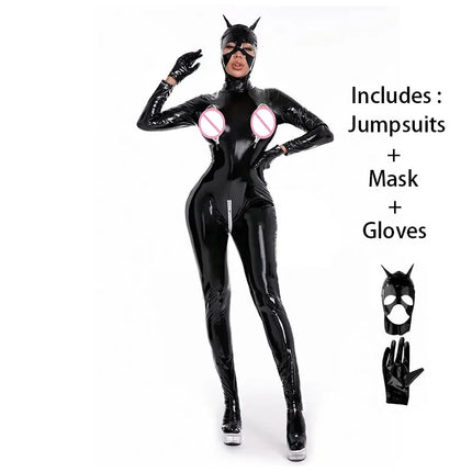 Sexy Wetlook Latex Catsuit With Mask PVC Faux Leather Jumpsuit Lady Erotic Costume PU Lingerie Faux Leather Cat Women Jumpsuit