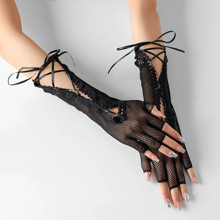 Women's summer sexy mesh strap gloves long half finger lace hollow Halloween cosplay performance etiquette gloves