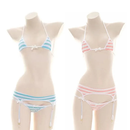 Sexy Lingerie Lolita Kawaii Blue Pink White Striped Mini bikini Adult Cosplay Erotic Costumes Bra Women Underwear Set