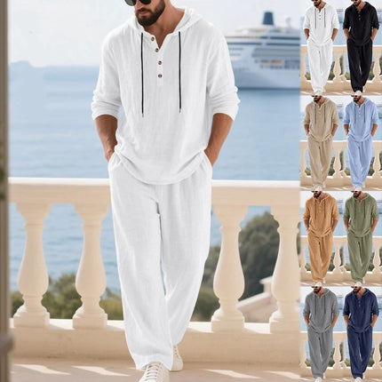 Men's Cotton Linen Casual Set 2 Pieces Spring Summer Loose Fit Hooded Shirt & Pants Set Breathable Vacation 2 Piece Set for Man