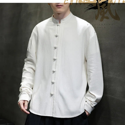 Men Long Sleeve Casual Shirt New Arrival 2026 Spring Chinese Style Vintage Mandarin Collar Loose Male KungFu Tops Shirts N056