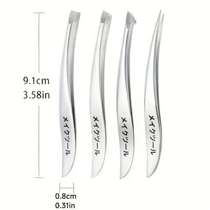 4pcs Precision Stainless Steel Tweezers Set - Eyebrow, Nose & Facial Hair Removal, Fragrance-Free, Glossy Finish