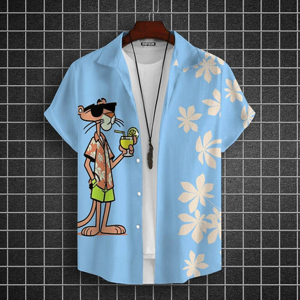 Cartoon Leopard Graphic Men Short Sleeve Lapel Shirt Tops Unisex Pink Button-Down Hawaiian Shirts Summer Daily Female Blouses