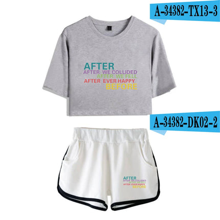 Youthful Black White After We Collided Girl Dew navel Two Piece Set Sexy Short Sleeve Crop T-shirts+Shorts Pants Tracksuit