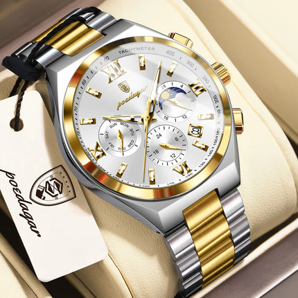 POEDAGAR Fashion Functional Men's Wristwatch Luminous Week Date Business Watch For Men Stainless Steel Sports Men's Quartz Watches