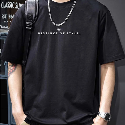 Men's 100% Cotton Casual T-Shirt - Short Sleeve, Round Neck, "DISTINCTIVE STYLE" Letter Print Design, Navy Blue, Casual Attire