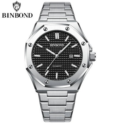 BINBOND Men's Watch Top Brand Royal Casual Men Big Dial Silver Stainless Steel Calendar Quartz Wristwatch Classic Luminous B0233