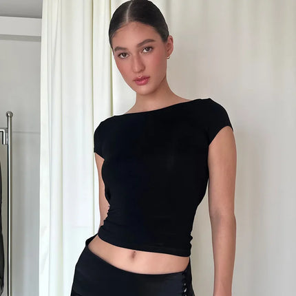 Women's O Neck Short Sleeve Backless Ruched Crop Top Y2K Streetwear Summer Spring Casual T-Shirt Dropshipping