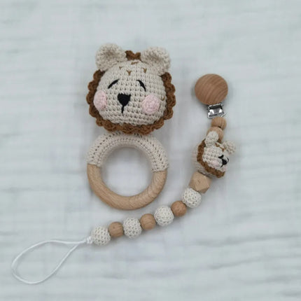 Baby Rattle Crochet Bear Teether Rattle With Bells Pacifier Chain Newborn Montessori Educational Toy Wooden Rings Baby Toys