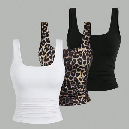 Women's three-piece summer sports vest set, elastic and breathable fabric, sleeveless casual sportswear