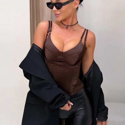 Women Solid Deep-v Satin Camisole Corset Top Elegant Double-strap Fitted Cropped Back-tie 2026 Chic Versatile Date Lady Tops
