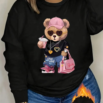Women's autumn and winter loose casual comfortable teddy bear print with velvet long sleeved round neck hoodie pullover