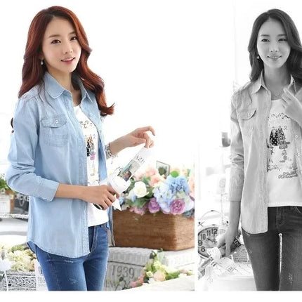 Slim Fit Cotton Denim Shirt Long Sleeve Women's Spring Autumn Summer Student Professional Outerwear Fashionable Casual Top