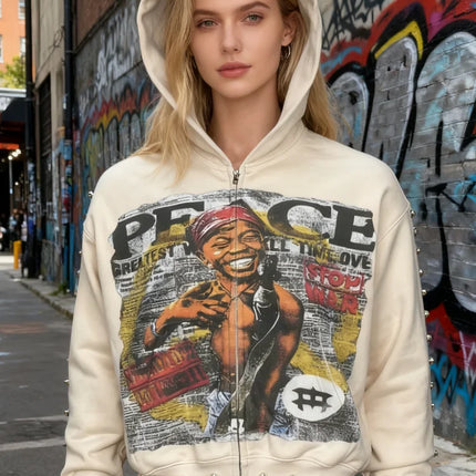 Y2K Aesthetic Pattern Print Hoodie Vintage Punk Gothic Couple Pearl Graffiti 2000s Streetwear