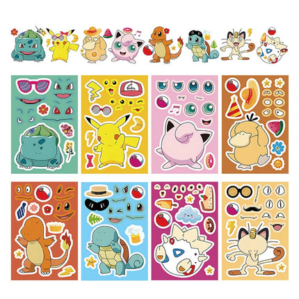 8/16sheets Kawaii Cute Anime Pokemon Pikachu Puzzle Stickers Make a Face DIY Funny Cartoon Assemble Jigsaw Educational Toy Decal