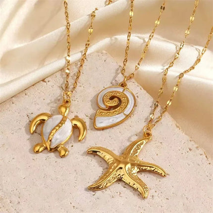 EILIECK 316L Stainless Steel Pearl Shell Starfish Sun Charm Necklace For Women Ocean Style Gold Plated Handmade Holiday Jewelry