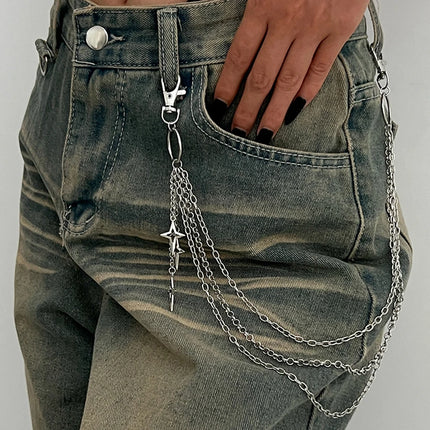 Hot Sale FashionSalircon Punk Multilayer Metal Star Pendant Pant Chain Hip Hop Waist keychain Jeans Chain Women Trendy Jewelry A