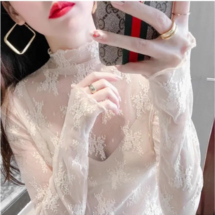 Sexy Black Hollow Out Mesh T-Shirt Transparent Mesh Female Tops Long Sleeve Basic Shirts SeeThrough Turtleneck Women Tshirts