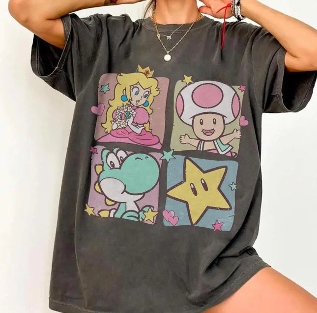 Super Mario Characters Vintage T-shirt Men Women Summer Cotton Y2K Clothing Cartoon High Quality Short Sleeved Tee Streetwear