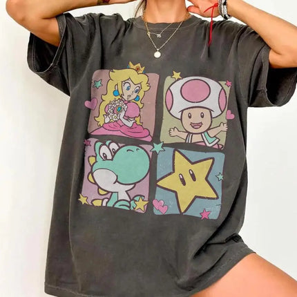 Super Mario Characters Vintage T-shirt Men Women Summer Cotton Y2K Clothing Cartoon High Quality Short Sleeved Tee Streetwear