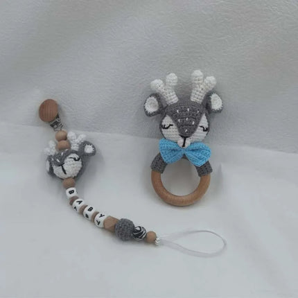 Baby Rattle Crochet Bear Teether Rattle With Bells Pacifier Chain Newborn Montessori Educational Toy Wooden Rings Baby Toys