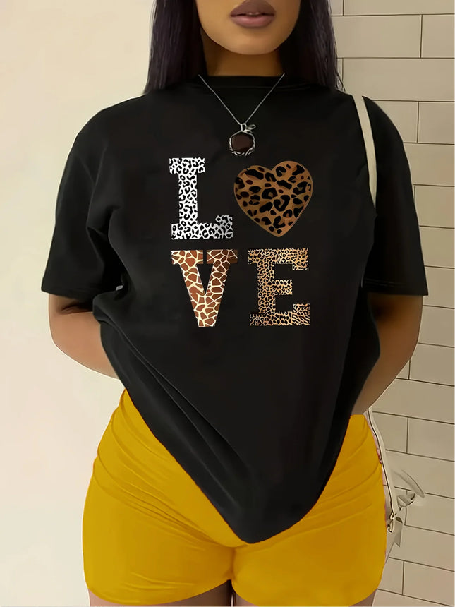 Fashion White "Love" Leopard Heart Pattern T-shirt-Casual Round Neck Short Sleeves Casual T-shirt Leopard Heart Pattern