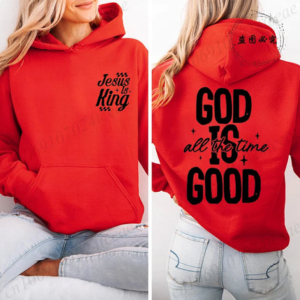 Jesus Is King Printed Hoodie for Women, Casual Loose Pullover for  Women God Is Good All The Time Tops Print Hooded Sweatshirt
