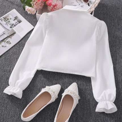 Girl White Shirt Long Sleeve White Collar Tops Bow Fashion Girls Clothes Collar Buttons Bottom Layer Shirt 7 8 9 10 11 12 Yrs
