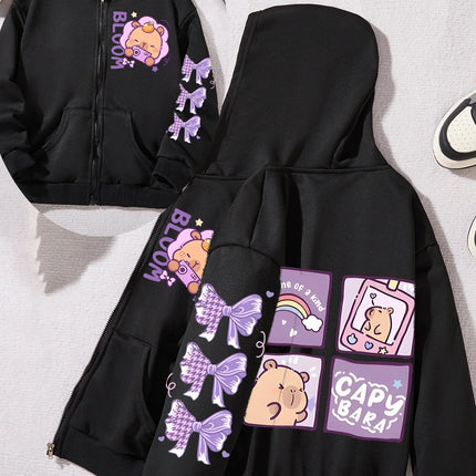 Cute Girls Zip Up Hooded Jacket Cartoon Capybara Purple Bow Print Long Sleeve Casual Kids Hoodie For Daily Outdoor Outfit