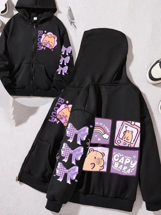 Cute Girls Zip Up Hooded Jacket Cartoon Capybara Purple Bow Print Long Sleeve Casual Kids Hoodie For Daily Outdoor Outfit