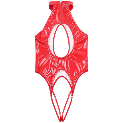 Women's Wetlook Open Crotch Bodysuit PVC Leather Teddies Lingerie Chest Harness Halter Sexy Crotchless Catsuit Jumpsuit Clubwear