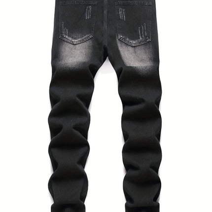 Men’s trendy streetwear: black ripped straight-leg jeans – an excellent gift for husbands or boyfriends.