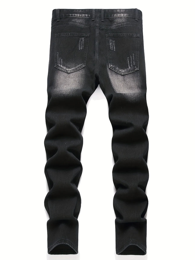 Men’s trendy streetwear: black ripped straight-leg jeans – an excellent gift for husbands or boyfriends.