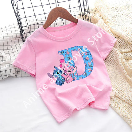 Stitch Disney T Shirt for Girls Children Clothes Tops Children's Clothing Letter A-Z Cotton Short Sleeve Summer Child Cute Gifts