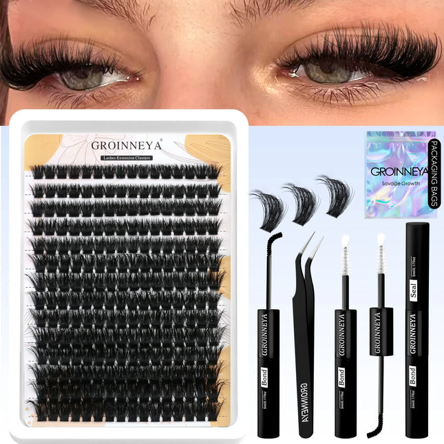 GROINNEYA Lash Clusters Kit With Waterproof Strong Hold DIY Lash Extension Kit Lash Bond And Seal And Eyelash Tweezers Makeup