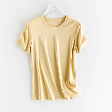 High-end New 10% Silk & Mercerized Cotton Women T-shirt Luxury Tee Short Sleeve Silky Feeling Summer Wear 2025 Tops V / O-neck