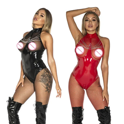 Sexy Faux Leather Catsuit PVC Latex Bodysuit Hollow out Bust Open Crotch Clubwear hot erotic Pole Dance Lingerie wetlook