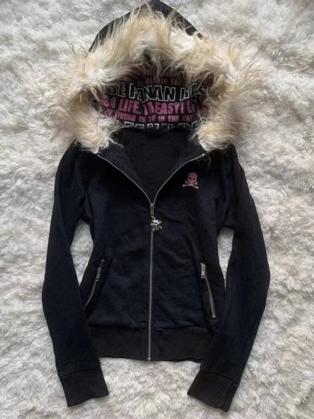 Vintage American Furry Hoodie Women Y2K Harajuku Faux Fur Collar Jacket Slim Waist Belted Hot Girl Fashion Sweat Outerwear New