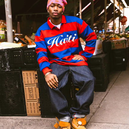 Y2K Haitian Long-Sleeved Shirts Fashionable Red and Blue Striped Knitted Lapel Jersey Oversized Retro Men Women Streetwear Tops