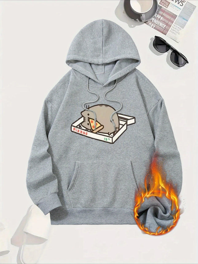 Cat and Pizza Cartoon Print 2025 Autumn Winter Women's Hoodie Top Round Neck Long Sleeve New Women's Sweatshirt Clothing