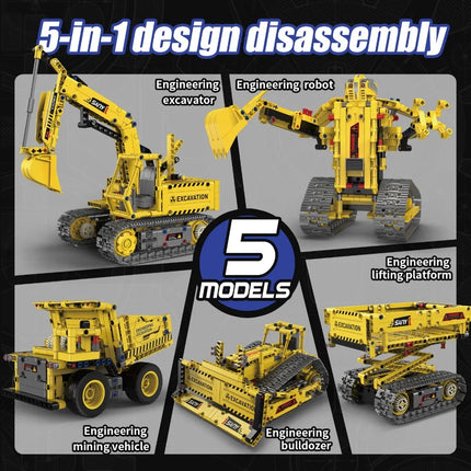 K96173 555pcs 5-in-1 Engineering Vehicle Kit App-Controlled STEM Building Set with RC Programmable Features STEM Education Toy
