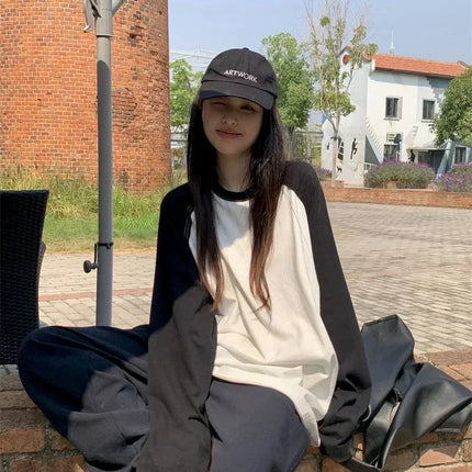 Casual Oversized T-Shirt Y2K Tops Harajuku Long Sleeve O-Neck T-Shirts Spring Autumn Black White Patchwork Tees Women Streetwear