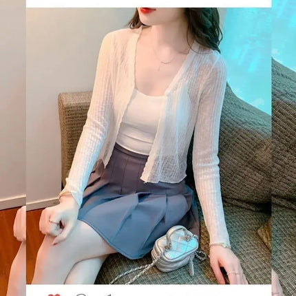 Slim Fit Knitted Long Sleeve Short Cardigan Women's Summer New Style Korean Version Thin Outerwear Pure Color Sun Protection Shi