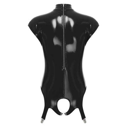 Womens Lingerie Open Chest Open Cup Bodysuit Patent Leather Latex Catsuit Costume Bare Breast Exposed Bodycon Bodysuit Dresses