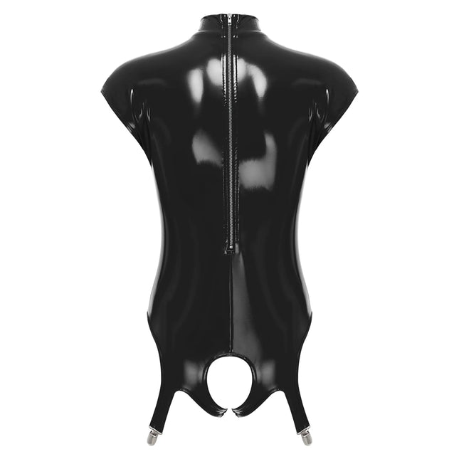 Women's Lingerie Open Chest Open Cup Bodysuit Patent Leather Latex Catsuit Costume Bare Breast Exposed Bodycon Bodysuit Dresses