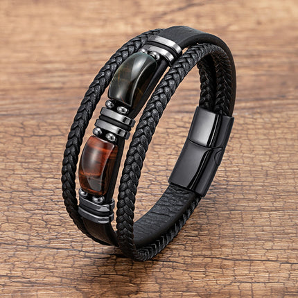 New Natural Tiger Eye Stone Men's Wristband Bracelet Hand-woven Multi-Layer Braided Leather Bangles Stainless Steel Jewelry