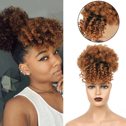 Afro Puff Synthetic Drawstring Ponytail with Bangs Pineapple Updo Hair for Black Women, Short Kinky Curly Ponytail Bun (1B)