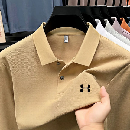 Men's high-end long-sleeved polo shirt, branded, printed top, spring, 100% cotton, comfortable, breathable sports and leisure T-shirt