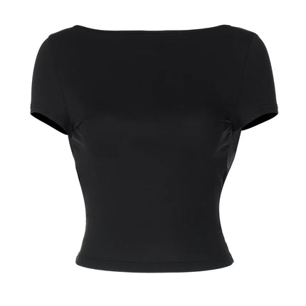 Women's O Neck Short Sleeve Backless Ruched Crop Top Y2K Streetwear Summer Spring Casual T-Shirt Dropshipping